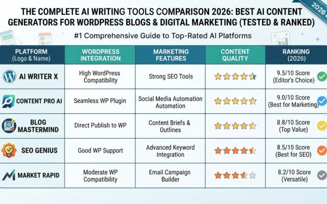 The Complete AI Writing Tools Comparison 2026: Best AI Content Generators for WordPress Blogs & Digital Marketing (Tested & Ranked)