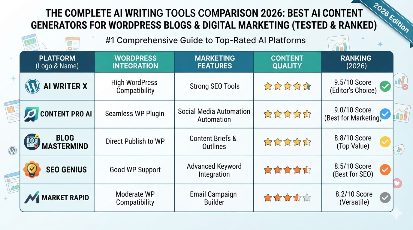 The Complete AI Writing Tools Comparison 2026: Best AI Content Generators for WordPress Blogs & Digital Marketing (Tested & Ranked)